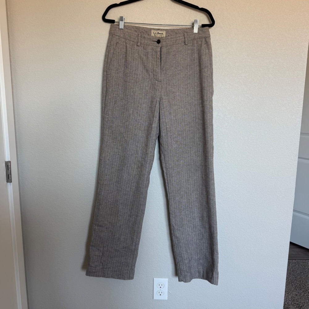 LL Bean Classic Fit Straight Leg Herringbone Pants Gray Cotton Women 8 Tall